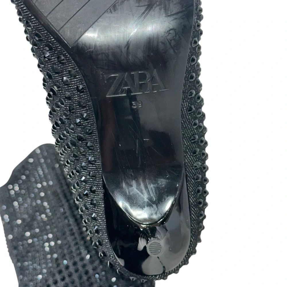 Zara Black Pointed Toe Rhinestone heeled knee high boo Size 39